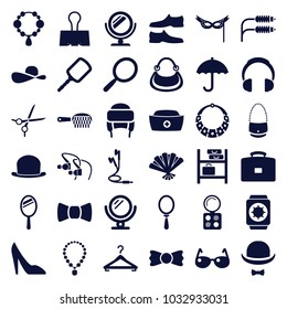 Accessory icons. set of 36 editable filled accessory icons such as mirror, necklace, eyeshadow palette, man shoe, winter hat, bow tie, case, nurse hat, earphones, paper clamp
