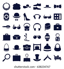 Accessory icons set. set of 36 accessory filled icons such as luggage storage, bllade razor, mirror, hair brush, hat, eyeshadow palette, woman shoe, man shoe, bag, winter hat
