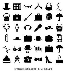 Accessory icons set. set of 36 accessory filled icons such as umbrella, baby cap, bllade razor, hair brush, hat, necklace, woman shoe, eyeshadow palette, wrist watch