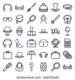 Accessory icons set. set of 36 accessory outline icons such as baby cap, mirror, hair brush, hat, woman shoe, toilet brush, bag, winter hat, belt, earphones, paper clamp