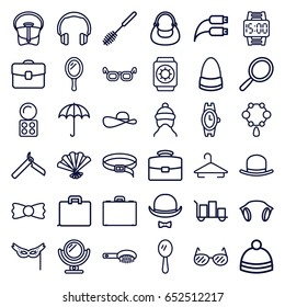 Accessory icons set. set of 36 accessory outline icons such as umbrella, baby cap, mirror, bllade razor, hair brush, hat, hanger, necklace, eyeshadow palette, wrist watch
