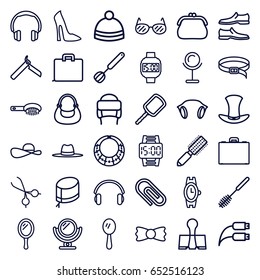 Accessory icons set. set of 36 accessory outline icons such as mirror, bllade razor, hair brush, woman shoe, wrist watch, toilet brush, man shoe, bag, winter hat, belt