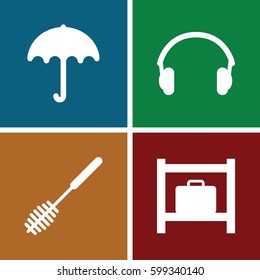accessory icons set. Set of 4 accessory filled icons such as umbrella, luggage storage, toilet brush