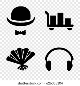 Accessory icons set. set of 4 accessory filled icons such as earphones, hat and moustache, fan