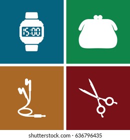 Accessory icons set. set of 4 accessory filled icons such as medical scissors, earphones, wrist dial watch