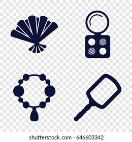 Accessory icons set. set of 4 accessory filled icons such as mirror, necklace, eyeshadow palette