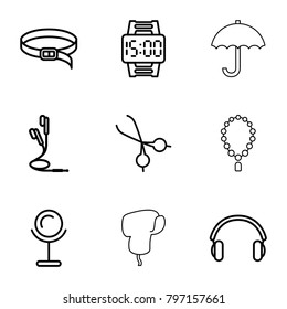 Accessory icons. set of 9 editable outline accessory icons such as mirror, belt, medical scissors, earphones, wrist dial watch, umbrella, necklace