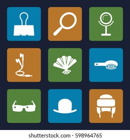 accessory icons set. Set of 9 accessory filled icons such as mirror, hair brush, hat, winter hat, earphones, paper clamp, fan