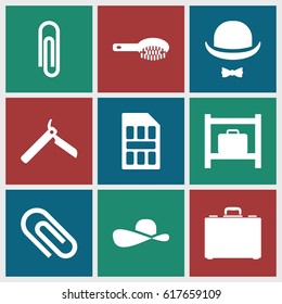 Accessory icons set. set of 9 accessory filled icons such as luggage storage, bllade razor, hair brush, case, hat and moustache, sim card, sun hat, paper clip