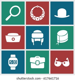 Accessory icons set. set of 9 accessory filled icons such as mirror, hat, winter hat, nurse hat, case, sunglasses, wrist dial watch