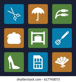 Accessory icons set. set of 9 accessory filled icons such as umbrella, luggage storage, woman shoe, medical scissors, earphone wire, fan, corolla, sim card