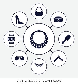 Accessory icons set. set of 9 accessory filled icons such as bllade razor, hair brush, woman shoe, bag, nurse hat, mask, sunglasses, wrist dial watch