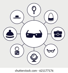 Accessory icons set. set of 9 accessory filled icons such as mirror, eyeshadow palette, bag, winter hat, hat, case, sunglasses