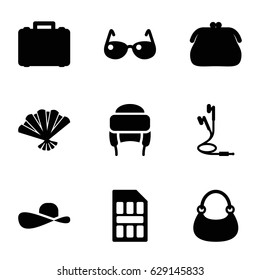 Accessory icons set. set of 9 accessory filled icons such as bag, winter hat, earphones, fan, sim card, case, sunglasses, sun hat