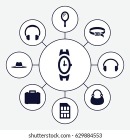 Accessory icons set. set of 9 accessory filled icons such as mirror, wrist watch, bag, belt, hat, earphones, sim card, case