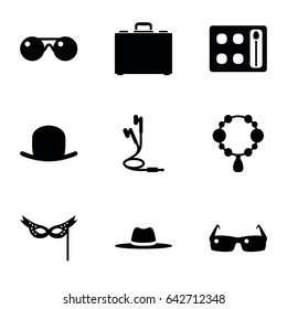 Accessory icons set. set of 9 accessory filled icons such as hat, necklace, eyeshadow palette, earphones, case, mask
