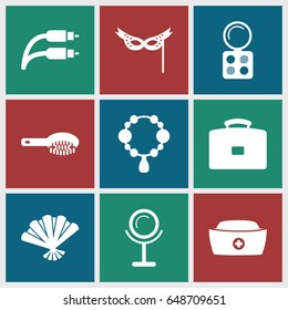Accessory icons set. set of 9 accessory filled icons such as hair brush, mirror, necklace, eyeshadow palette, nurse hat, earphone wire, mask, fan