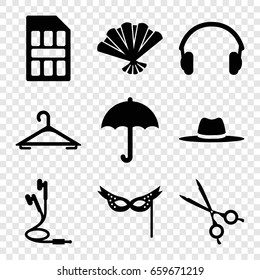 Accessory icons set. set of 9 accessory filled icons such as hanger, hat, medical scissors, earphones, mask, fan, sim card
