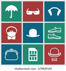 Accessory icons set. set of 9 accessory filled and outline icons such as umbrella, hat, bag, earphones, sim card, sunglasses, man shoe, hat and moustache