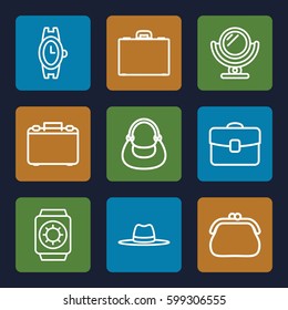 accessory icons set. Set of 9 accessory outline icons such as mirror, wrist watch, bag, hat, case, wrist watch with sun