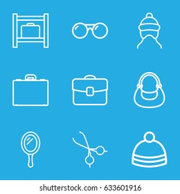Accessory icons set. set of 9 accessory outline icons such as luggage storage, baby cap, mirror, bag, winter hat, medical scissors, case