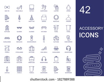 accessory icons set. Collection of accessory with bow tie, high heels, top hat, earphones, lighter, apron, scarf, tie, party hat, napkin. Editable and scalable accessory icons.