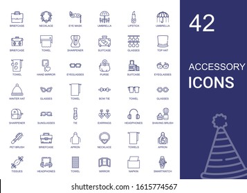 accessory icons set. Collection of accessory with briefcase, necklace, eye mask, umbrella, lipstick, towel, sharpener, suitcase, glasses. Editable and scalable accessory icons.