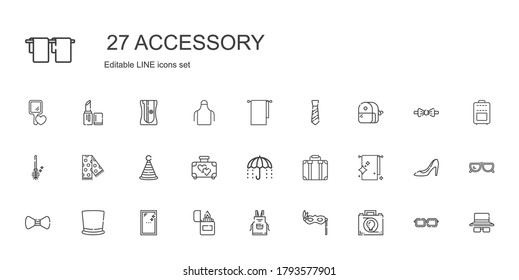 accessory icons set. Collection of accessory with briefcase, eye mask, apron, lighter, mirror, top hat, bow tie, towel, suitcase, umbrella. Editable and scalable accessory icons.