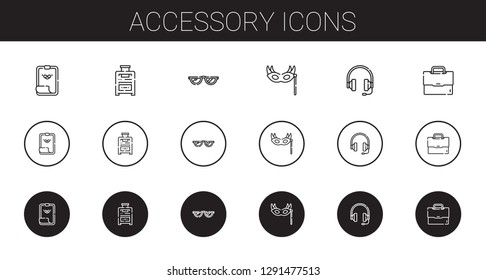 accessory icons set. Collection of accessory with paper clip, suitcase, glasses, eye mask, headphones, briefcase. Editable and scalable accessory icons.