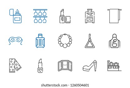 accessory icons set. Collection of accessory with suitcase, high heels, mirror, lipstick, scarf, apron, holder, necklace, eye mask, towel. Editable and scalable accessory icons.