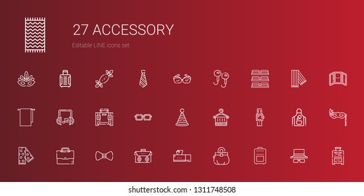 accessory icons set. Collection of accessory with suitcase, purse, tissue box, briefcase, bow tie, scarf, smartwatch, towel, party hat. Editable and scalable accessory icons.