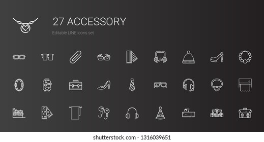 accessory icons set. Collection of accessory with tissue box, party hat, headphones, earphones, towels, scarf, suitcase, sunglasses, tie. Editable and scalable accessory icons.