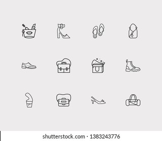 Accessory icons set. Flip-flops and accessory icons with satchel, freezer bag and crossbody bag. Set of apparel for web app logo UI design.