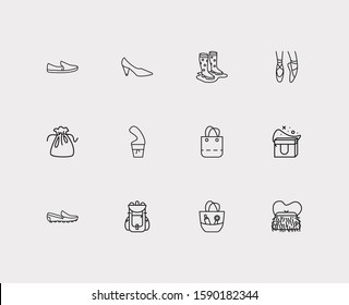 Accessory icons set. Gumboots and accessory icons with mocassins, cone heel shoes and puch bag. Set of baggage for web app logo UI design.