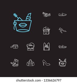Accessory icons set. Kitten heel shoes and accessory icons with cowboy boots, duffel bag and footwear. Set of refrigerator for web app logo UI design.