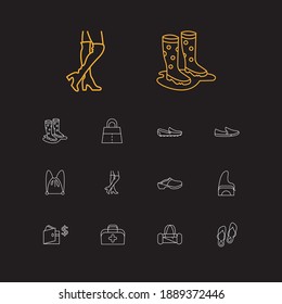 Accessory icons set. Knee high boots and accessory icons with doctor bag, clogs and sling bag. Set of model for web app logo UI design.