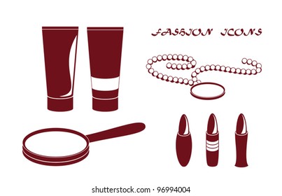 Accessory icons - tubes, lipsticks, hand mirror and beads, vector illustration. Raster version available in my portfolio