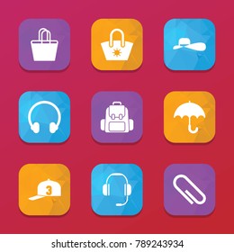 Accessory icons. vector collection filled accessory icons set.. includes symbols such as paper clip, headphone, headphones, baseball cap. use for web, mobile and ui design.