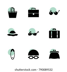 Accessory icons. vector collection filled accessory icons set.. includes symbols such as safety pin, case, purse, swimming cap and glasses. use for web, mobile and ui design.