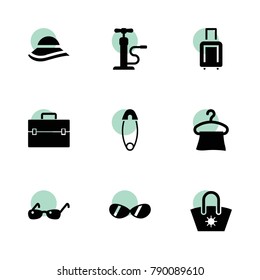 Accessory icons. vector collection filled accessory icons set.. includes symbols such as car pump, hanger, case, safety pin, sunglasses. use for web, mobile and ui design.