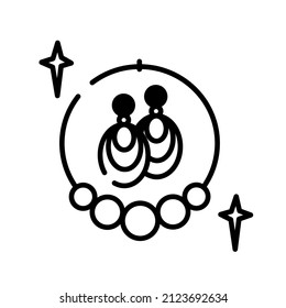 Accessory image: earrings and beads. Single line icon, vector illustration. Suitable for social networks, websites, packaging and designs. Suitable for the beauty industry. 