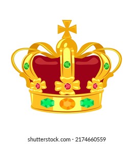 Accessory for king, queen, prince or princess isolated on white background. Fantasy, monarchy, jewelry. Golden crown vector illustration