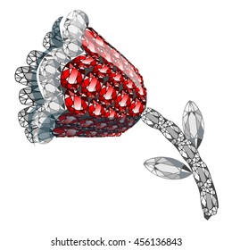Accessory made of diamond and rubies in the shape of a flower isolated on white background. Vector cartoon close-up illustration.