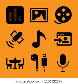 accessory, media, album, hollywood, level and vocal icon vector set. Flat vector design with filled icons. Designed for web and software interfaces