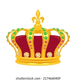 Accessory for queen, prince or princess isolated on white background. Fantasy, monarchy, jewelry. Golden crown vector illustration