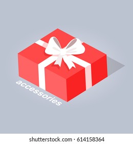 Accessory red gift with white ribbon and bow flat web banner isolated on gray. Present in a rectangular box with text accessories. Vector illustration of electronic commerce hand drawn pattern