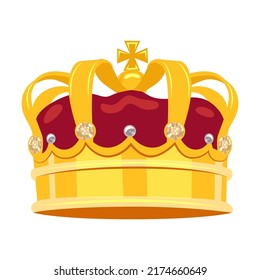 Accessory for royals, king, queen, prince or princess isolated on white background. Fantasy, monarchy, jewelry. Golden crown vector illustration