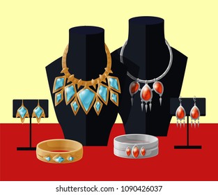 Accessory silver and gold set, jewelry presentation in shop, necklace with stones, bracelet earrings collection on mannequin, vector illustration