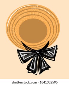 Accessory for summer. Fashionable straw hat for women with a black bow. Vector on an isolated background. Portrait mask.