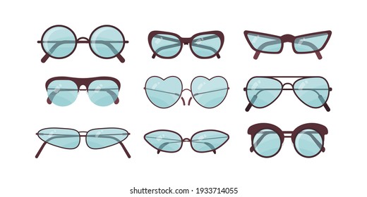 Accessory sun spectacles vector set. Collection of colorful sunglasses. Summer eyeglasses